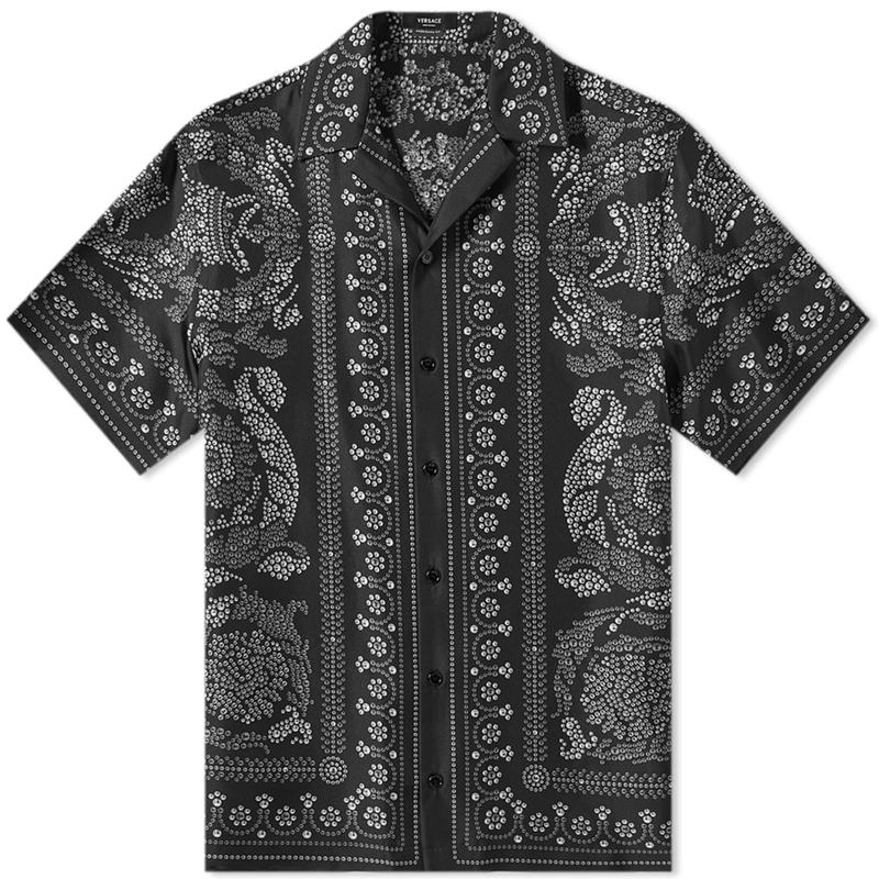 人気ブレゼント! ヴェルサーチ メンズ シャツ トップス Versace Repeat Baroque Print Vacation Shirt Black  Grey