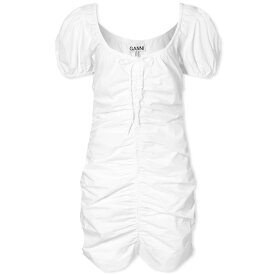 【送料無料】 ガニー レディース ワンピース トップス GANNI Cotton Poplin Gathered U-Neck Mini Dress Bright White