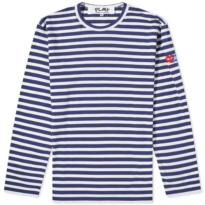 【送料無料】 コム・デ・ギャルソン メンズ Tシャツ トップス Comme des Garcons Play Long Sleeve Invader Heart Striped T-Shirt Blue & White