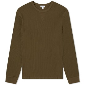 【送料無料】 サンスペル メンズ Tシャツ トップス Sunspel Long Sleeve Waffle T-Shirt Dark Olive