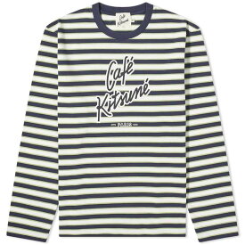 【送料無料】 メゾンキツネ メンズ Tシャツ トップス Cafe Kitsune Long Sleeve Striped Regular T-Shirt Navy White & Matcha Stripes