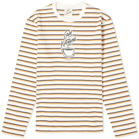 【送料無料】 メゾンキツネ メンズ Tシャツ トップス Cafe Kitsune Long Sleeve Coffee Cup Printed T-Shirt Fox White & Navy Stripes