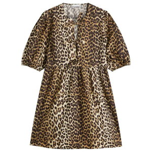 �K�j�[ ���f�B�[�X �g�b�v�X �����s�[�X �v�����g �~�j �R�b�g�� GANNI Printed Cotton Tie String Mini Dress Leopard �A�j�}��