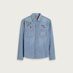 �q���[�}�����C�h �����Y �g�b�v�X �V���c �h�J Human Madembroide red Chambray Shirt Blue �u���[
