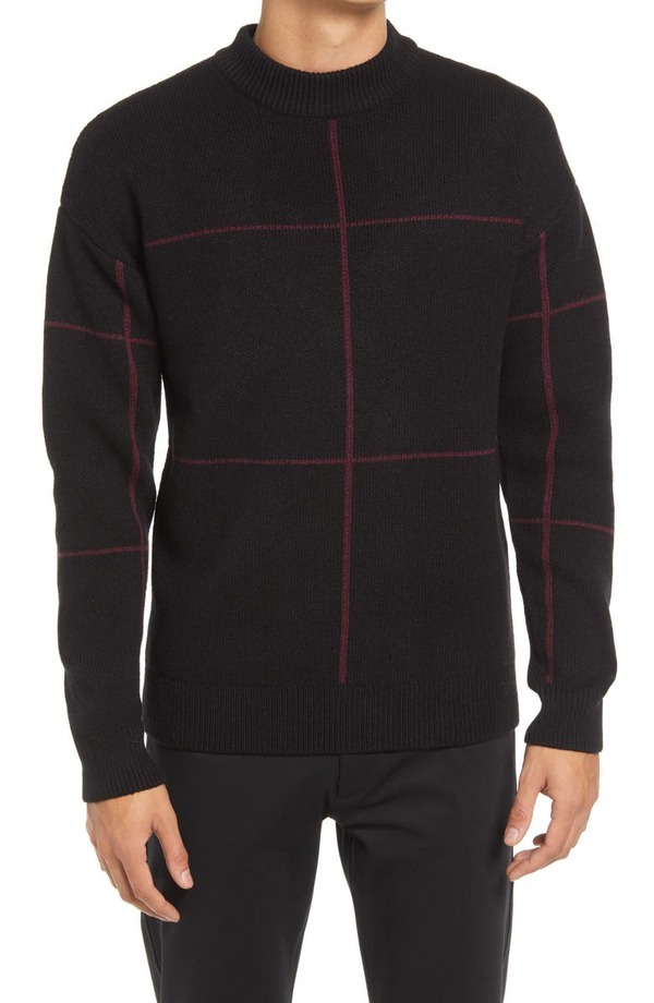 カール ラガーフェルド メンズ ニット・セーター アウター Windowpane Plaid Wool Blend Crewneck Sweater BLACK ニット・セーター