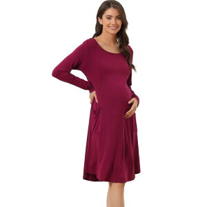 cheibear ���f�B�[�X �A���_�[�E�F�A �i�C�g�E�F�A �}�^�j�e�B cheibear Womens Maternity Dress With Pockets Casual Round Neck Long Sleeve Nightdress Wine Red ���b�h