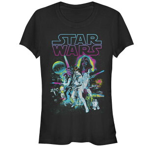 �X�^�[ �E�H�[�Y ���f�B�[�X �g�b�v�X T�V���c �O���t�B�b�N Juniors' Star Wars A New Hope Retro Neon Poster Fitted Graphic Tee Black �u���b�N