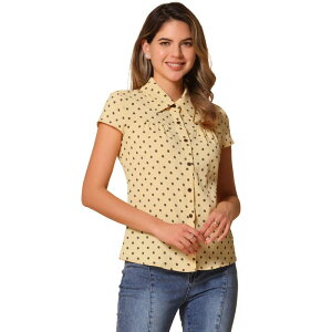 �A���O�� �P�[ ���f�B�[�X �g�b�v�X �V���c ���B���e�[�W �h�b�g ALLEGRA K Women'short Sleeve Tops Vintage Polka Dots Button Up Shirt Yellow Khaki �C�G���[