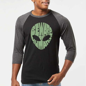 �G���G�[�|�b�v�A�[�g ���f�B�[�X �g�b�v�X T�V���c LA Pop Art Beware of Humans - Men's Raglan Baseball Word Art-shirt Black Grey �u���b�N