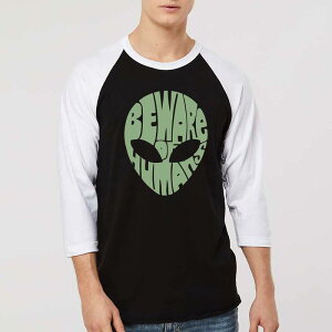 �G���G�[�|�b�v�A�[�g ���f�B�[�X �g�b�v�X T�V���c LA Pop Art Beware of Humans - Men's Raglan Baseball Word Art-shirt Black White �z���C�g