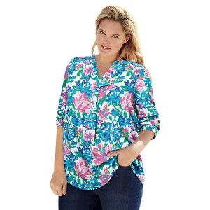 �E�[�}�� �E�B�Y�C�� ���f�B�[�X �g�b�v�X T�V���c �v���X�T�C�Y �u���E�X Woman Within Plusize Rayon Three-Quarter Sleeveffortless Tab-Front Blouse White Blue Painted �z���C�g