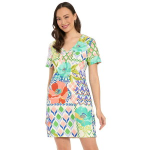 �����h���^�C���X ���f�B�[�X �g�b�v�X �����s�[�X V�l�b�N Women's London Times V-Neck Short Sleeve Shift Dress White Peach �z���C�g
