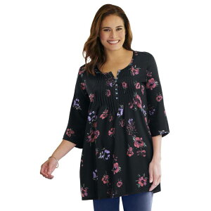 �E�[�}�� �E�B�Y�C�� ���f�B�[�X �g�b�v�X T�V���c �v���X�T�C�Y Woman Within Plusize 7-Day Three-Quarter Sleeve Pintucked Henley Tunic Black Magnolia �u���b�N