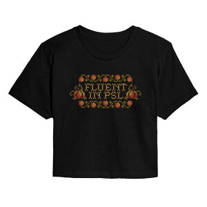 �A�j���L�����N�^�[ ���f�B�[�X �g�b�v�X T�V���c �N���b�v�h Licensed Character Juniors' Pumpkin Spice Latte Cross-Stitch Cropped Tee Black �u���b�N