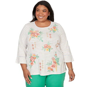 �A���t���b�h �_�i�[ ���f�B�[�X �g�b�v�X T�V���c �v���X�T�C�Y �h�J Plusize Alfredunner Parrot Stripembroidered Top Orange Multi �I�����W