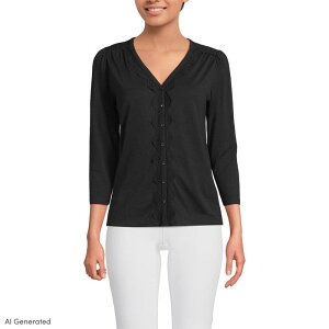 �����Y�G���h ���f�B�[�X �g�b�v�X T�V���c V�l�b�N ���[�X�g���� ���[�X Women's Lands' End Three-Quarter Sleeve Slub V-Neck Lace Trim Top Black �u���b�N