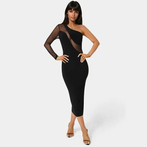 �x�x ���f�B�[�X �g�b�v�X �����s�[�X ���b�V�� �~�f�B Women's bebe One Shoulder Mesh Insert Midi Dress Black �u���b�N