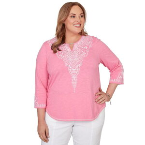 �A���t���b�h �_�i�[ ���f�B�[�X �g�b�v�X T�V���c �v���X�T�C�Y �h�J Plusize Alfredunner Embroidered Split Neck Three Quarter Sleeve Topink Multi �s���N