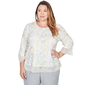 �A���t���b�h �_�i�[ ���f�B�[�X �g�b�v�X �V���c �v���X�T�C�Y �v�����g �j�b�g Plusize Alfredunner Python Printed Knit Flutter Sleeve Top Multi Yellow �C�G���[
