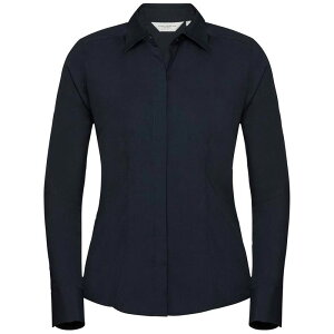 ���b�Z���A�X���`�b�N ���f�B�[�X �g�b�v�X �V���c ���� Russell Athletic Russell Collection Womens/Ladies Poplin Fitted Long-Sleeved Formal Shirt French Navy �l�C�r�[