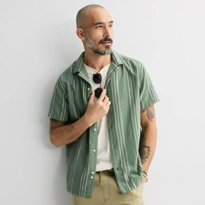 �\�m�} ���f�B�[�X �g�b�v�X T�V���c Men'sonoma Goods For Life Short Sleeve Vacation Shirt Green Stripe Slub Tex �O���[��