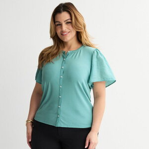 �i�C���E�F�X�g ���f�B�[�X �g�b�v�X T�V���c �v���X�T�C�Y Plusize Nine West Mixed Media Button Frontop Dusty Pale Blue �u���[