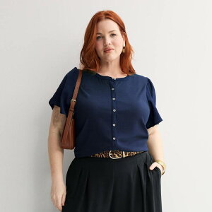 �i�C���E�F�X�g ���f�B�[�X �g�b�v�X T�V���c �v���X�T�C�Y Plusize Nine West Mixed Media Button Frontop Luxe Blue �u���[