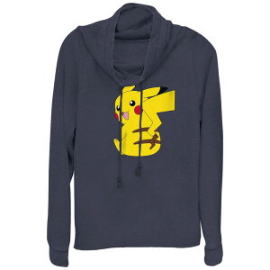 �A�j���L�����N�^�[ ���f�B�[�X �g�b�v�X T�V���c �O���t�B�b�N Licensed Character Juniors' Pokmon Cute Smiling Pikachu Cowlneck Graphic Lightweight Long Sleeve Navy �l�C�r�[