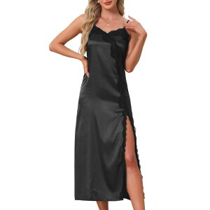 cheibear ���f�B�[�X �A���_�[�E�F�A �i�C�g�E�F�A �T�e�� ���[�X �}�L�V cheibear Womensatinightgown Lace Cami Dress Maxi Longown Pajama Nightwear Black �u���b�N