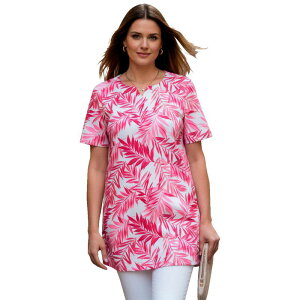 ���A�}���Y ���f�B�[�X �g�b�v�X T�V���c �v���X�T�C�Y �v�����g �j�b�g Roaman's Women's Plusize Soft Knit Printunic With Notch Neckline Pink Waterfall Palm �s���N