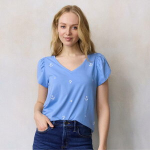 LC Lauren Conrad ���f�B�[�X �g�b�v�X T�V���c V�l�b�N �v�` Petite LC Lauren Conrad Tulip Sleeve V-Neck Tee Blue Dandelion Sprigs �u���[