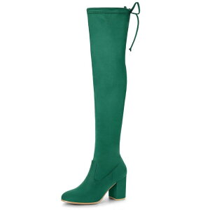 �A���O�� �P�[ ���f�B�[�X �V���[�Y �u�[�c�E���C���u�[�c �q�[�� ALLEGRA K Women's Round Toe Chunky Heel Over the Knee High Boots Green �O���[��