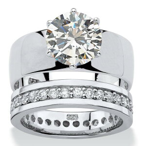 �p�[���r�[�`�W���G���[ ���f�B�[�X �A�N�Z�T���[ �����O PalmBeach Jewelry 4.80 Cttw. 2-Piece Round Cubic Zirconia Sterling Silver Wedding Ring Set White �z���C�g