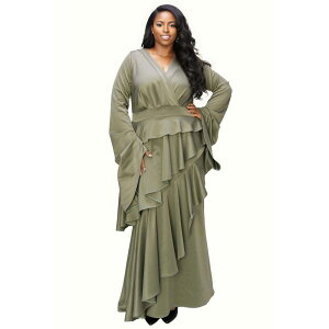���u�h ���f�B�[�X �g�b�v�X �����s�[�X �v���X�T�C�Y �t���� L I V D Plusizeta Ruffledrama Dress Dk Sage �Z�[�W