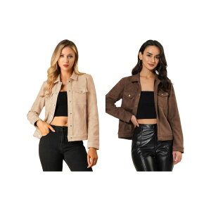 �C���X�p�C�A �V�b�N ���f�B�[�X �A�E�^�[ �W���P�b�g�E�u���]�� �X�G�[�h INSPIRE CHIC 2 Packs Women's Jackets Long Sleeve Faux Suede Trucker Motorcycle Jacket Coffee Apricot Pink �s���N