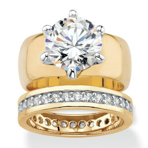 �p�[���r�[�`�W���G���[ ���f�B�[�X �A�N�Z�T���[ �����O PalmBeach Jewelry 4.80 Cttw. CZ Gold-Plated 2-Piece Solitaire and Eternity Wedding Ring Set White �z���C�g