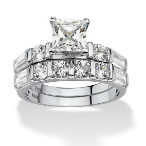 �p�[���r�[�`�W���G���[ ���f�B�[�X �A�N�Z�T���[ �����O PalmBeach Jewelry 2 Piece 3.46 TCW CZ Bridal Ring Set in Platinum-plated Sterling White �z���C�g