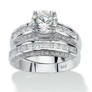 �p�[���r�[�`�W���G���[ ���f�B�[�X �A�N�Z�T���[ �����O PalmBeach Jewelry 3.19 TCW CZ Bridal Ring 2 Piece Set in Platinum-plated Sterling White �z���C�g