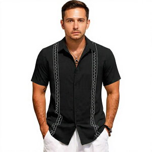 ���K���e�C���[ ���f�B�[�X �g�b�v�X T�V���c MegaRetailer Casual Cuban Guayabera Shirt for Men Black �u���b�N