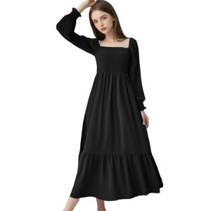 �A���i�J�V ���f�B�[�X �g�b�v�X �����s�[�X �t������ �t���� �}�L�V Anna-Kaci Women'square Neck Shirred Ruffle Hem Long Sleeve Maxi Dress Black �u���b�N