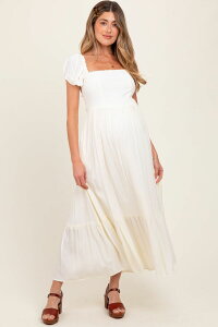 �s���N�u���b�V�� ���f�B�[�X �g�b�v�X �����s�[�X �t���� �}�^�j�e�B �}�L�V PinkBlush Maternity Ruffle Detail Square Neck Maxi Dress Ivory �A�C�{���[