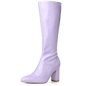�u���X�t���X�e�b�v ���f�B�[�X �V���[�Y �u�[�c�E���C���u�[�c ���U�[ �q�[�� BLISSFUL STEP Go Boot Patent Leather Chunky Heels Knee High Boots for Women Purple �p�[�v��