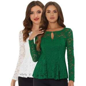 �C���X�p�C�A �V�b�N ���f�B�[�X �g�b�v�X �V���c �V�A�[ �u���E�X ���[�X INSPIRE CHIC 2 Packs Women's Lace Tops Keyhole Front Peplum Hem Sheer Long Sleeve Blouse White Green �z���C�g