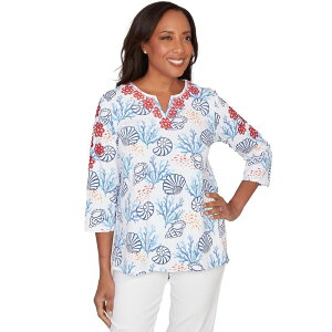 �A���t���b�h �_�i�[ ���f�B�[�X �g�b�v�X T�V���c �v�` �v�����g �h�J Petite Alfredunner Shell Print Embroidered Top Blue Multi �u���[