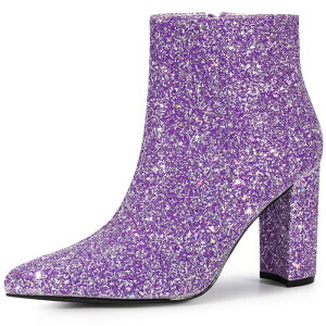 �u���X�t���X�e�b�v ���f�B�[�X �V���[�Y �u�[�c�E���C���u�[�c �A���N�� �q�[�� BLISSFUL STEP Glitter Pointed Toe Chunky Heelsparkly Booties Ankle Boots for Women Purple �p�[�v��