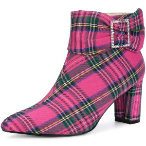 �u���X�t���X�e�b�v ���f�B�[�X �V���[�Y �u�[�c�E���C���u�[�c �A���N�� �q�[�� BLISSFUL STEPlaid Pointy Toe Rhinestone Bow Zipper Chunky Heels Ankle Boots for Women Purple �p�[�v��