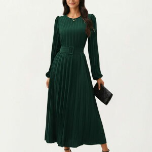 �A���i�J�V ���f�B�[�X �g�b�v�X �����s�[�X �N���[�l�b�N �v���[�c �~�f�B Anna-Kaci Women's Long Sleeve Pleated Midi Dress with Belted Waist and Crew Neck Olive Green �O���[��