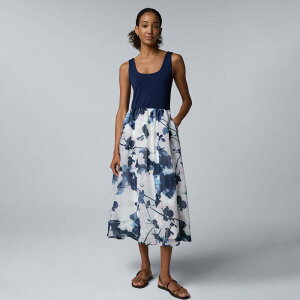 ���F���E�H�� ���f�B�[�X �g�b�v�X �����s�[�X �v�` �~�f�B Petite Simply Vera Wang Mixed Media Midi Dress Navy Dye Bouquet �l�C�r�[