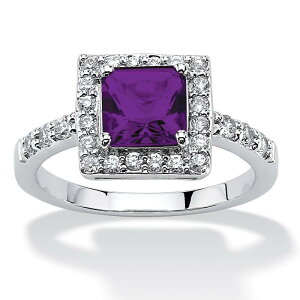 �p�[���r�[�`�W���G���[ ���f�B�[�X �A�N�Z�T���[ �����O PalmBeach Jewelry Sterling Silver Princess Cut Simulated Birthstone and Crystal Halo Ring February Amethyst �V���o�[