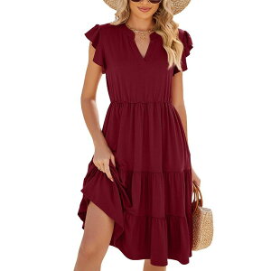 �W���C�W���C ���f�B�[�X �g�b�v�X �����s�[�X�����t�B�b�g V�l�b�N �t���� JoyJoy Elegant Casual Dress V-Neck Ruffled Short Sleeve Slim Fit Versatile Commute Date Gown Claret